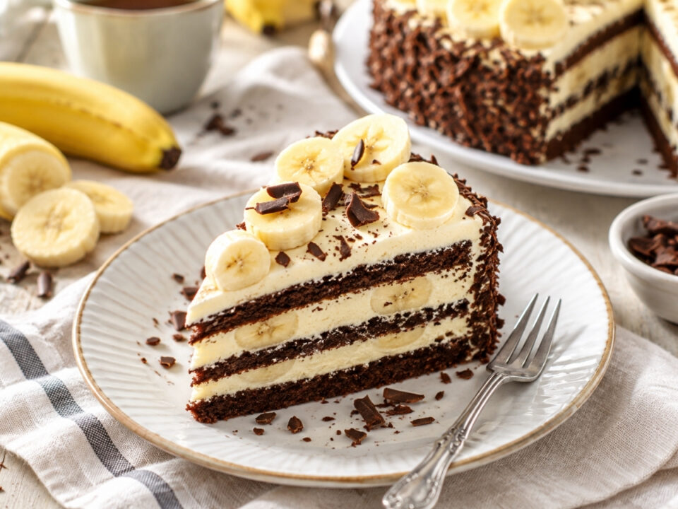 banankremes-torta - Nők Lapja Egy szelet banánkrémes torta fehér tányéron, mögötte banán, körülötte kakaós piskótamorzsák, desszertvilla