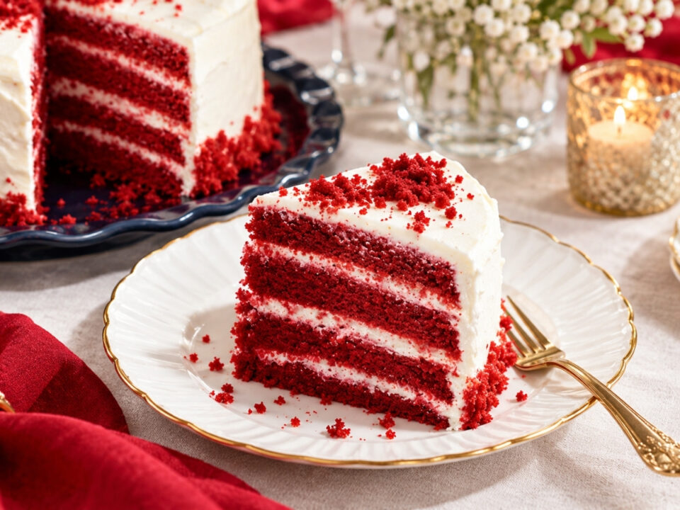 eredeti-voros-barsony-torta-recept - Nők Lapja Eredeti vörös bársony torta citrusos mascarpone krémmel fehér tányéron, desszertvillával