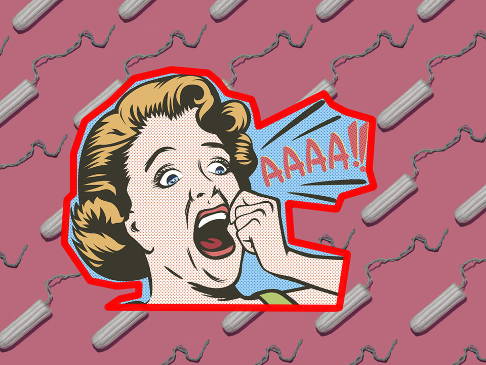 képregény jelelgű grafika, ijedt nő raj, szája előtt az AAAA felirat, a háttérben tampon sormintás háttér
