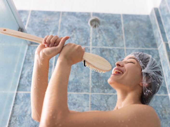 fiatal nő zuhany alatt énekel