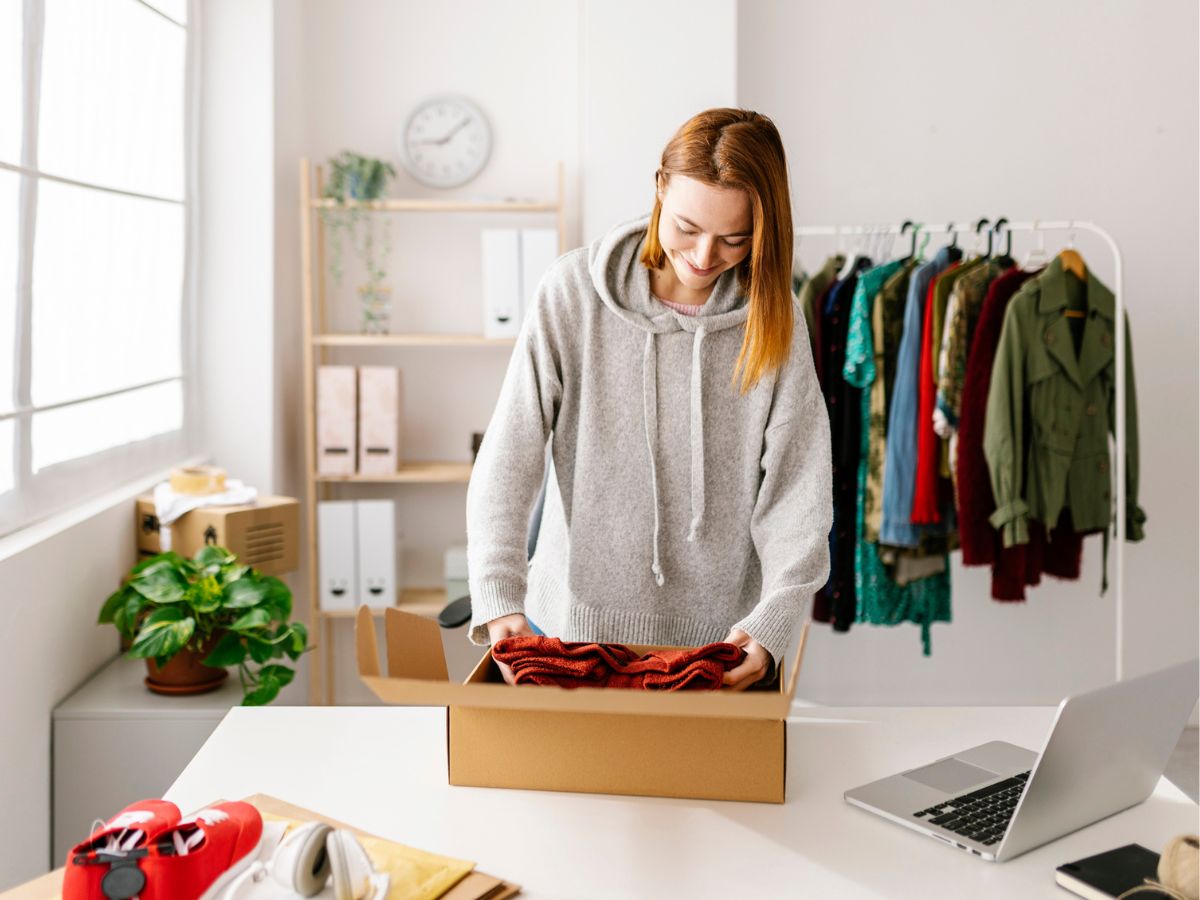 fiatal nő otthon ruhák rendszerez