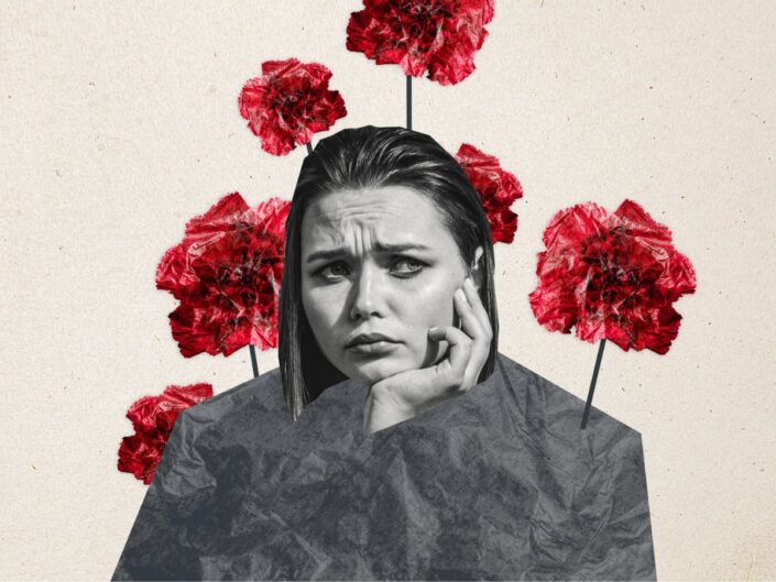 nő gondolkodás piros virágok háttér