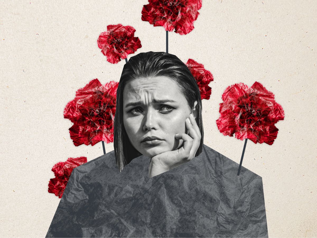 nő gondolkodás piros virágok háttér