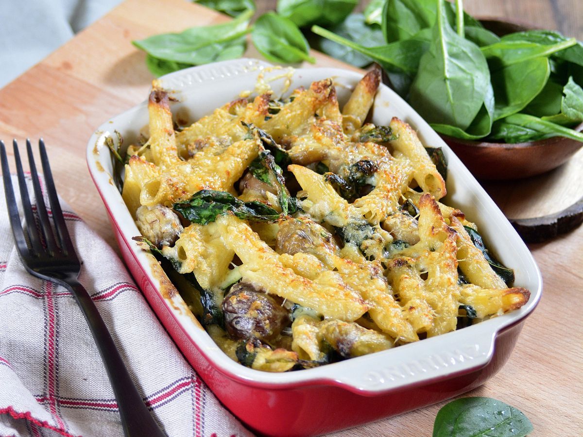 Gesztenyés, spenótos, sajtos rakott tészta