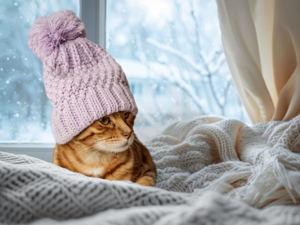 sapkás macska télen a takarón