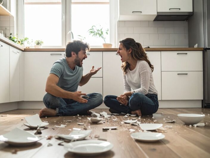 vitatkozó pár összetört tányérokkal a konyhában