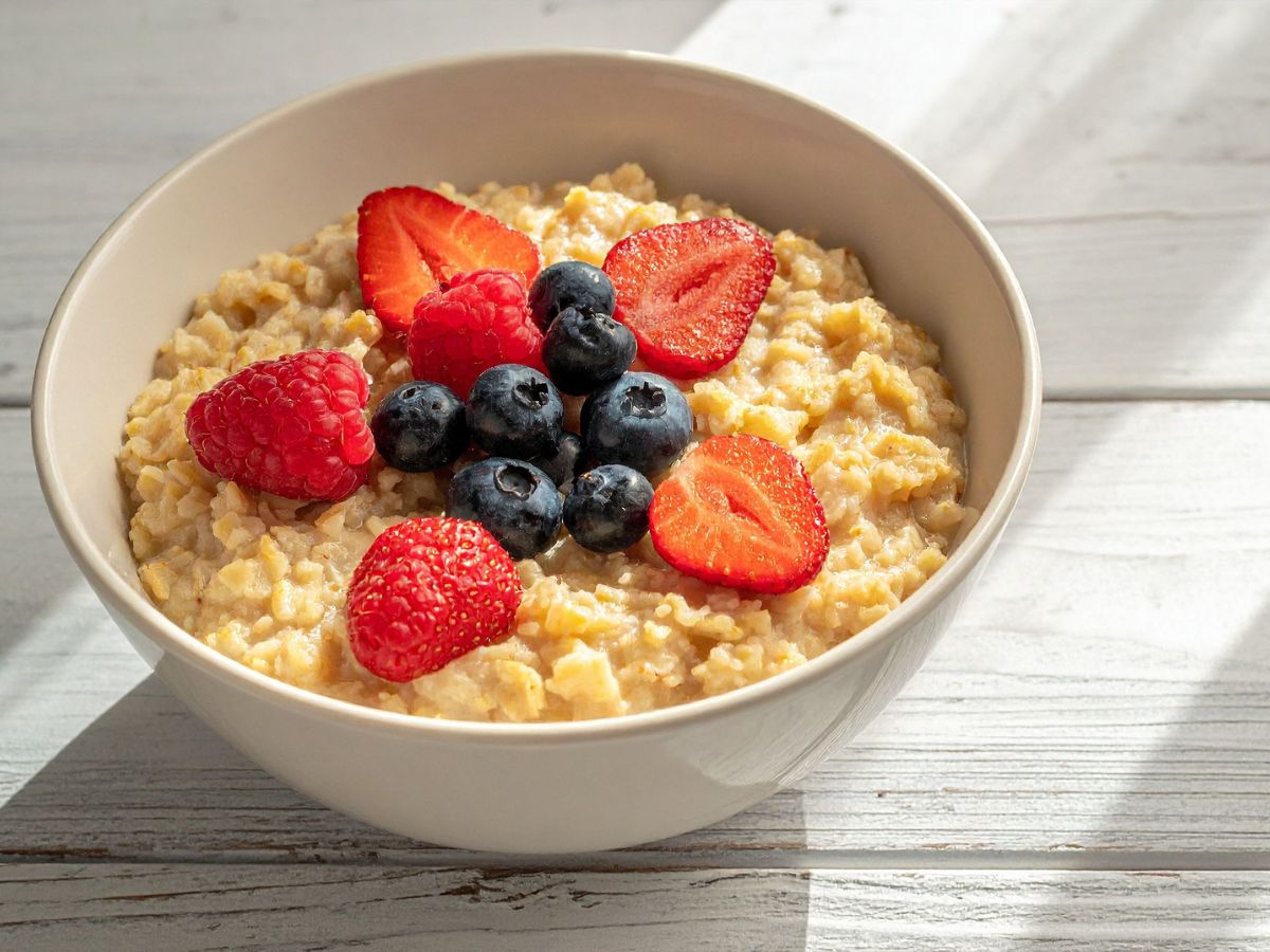 egy tál zabkása félbevágott eperrel és 6 szem áfonyával