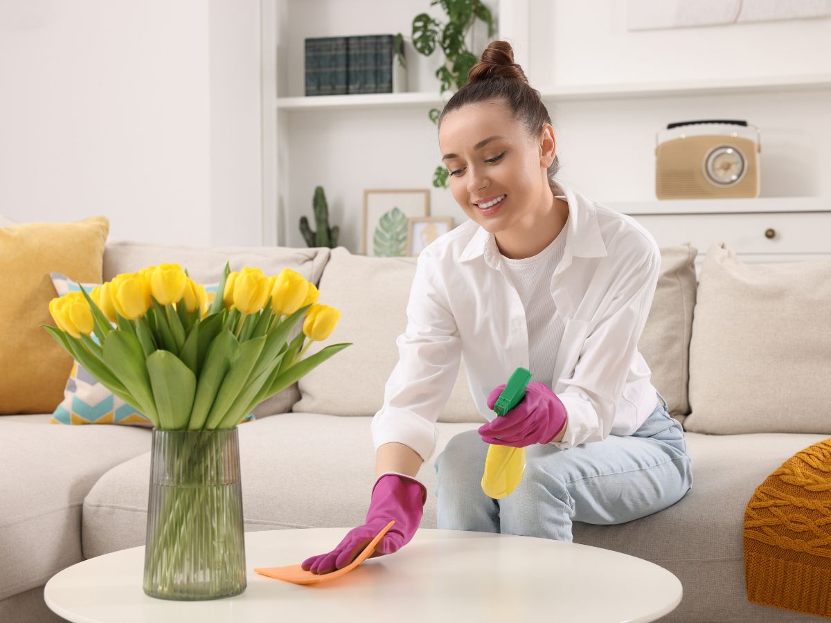 mosolygó nő ilágos nappaliban az asztalt takarítja, a nő kezén gumikesztyű, baloldalt az asztalon sárga tulipáncsokor egy vázában