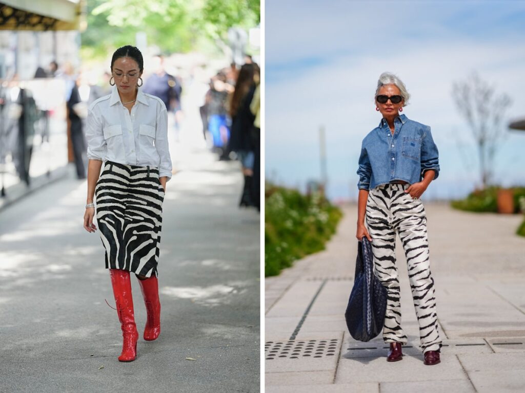 Street style képek nőkről zebra mintás ruhában