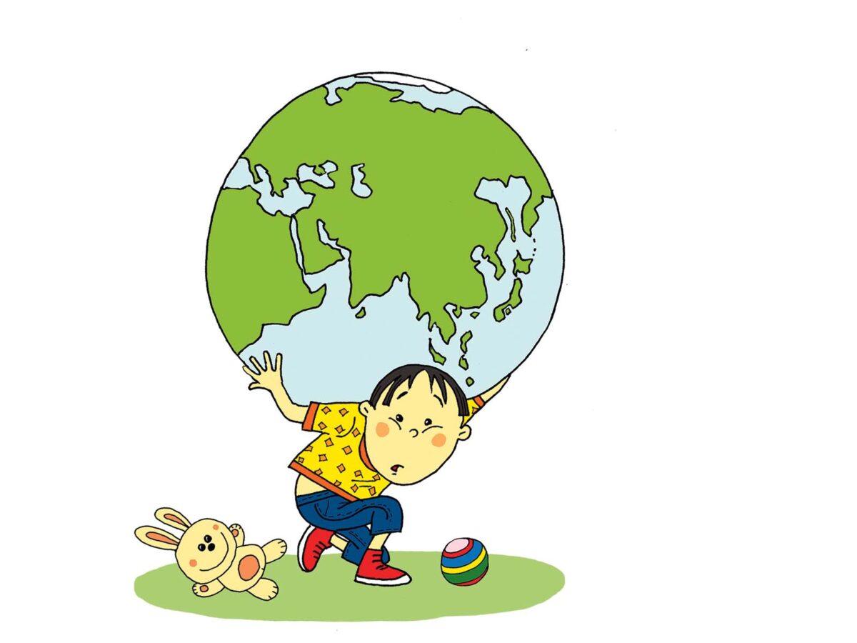rajz egy gyerekről aki az egész Földet tartja a hátán