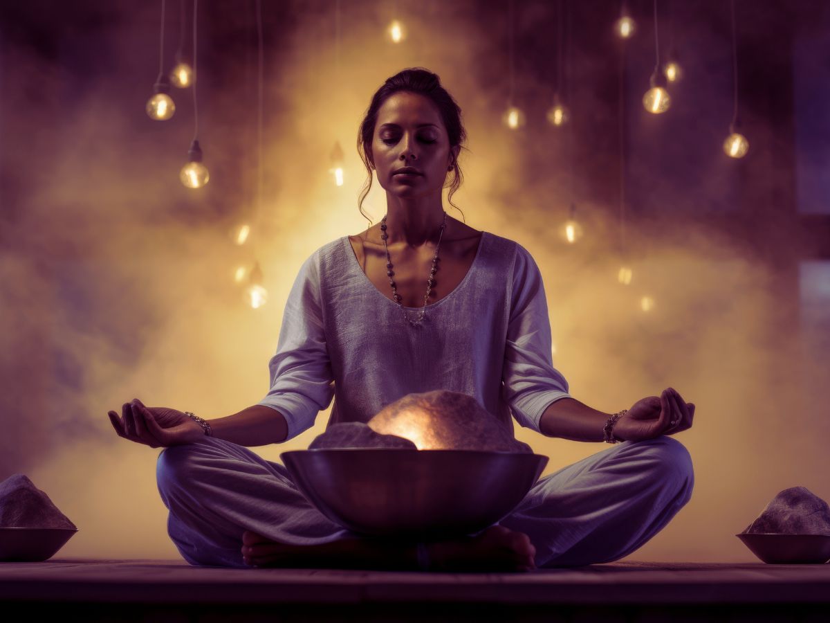 egy nő meditál törökülésben egy spirituális helyen