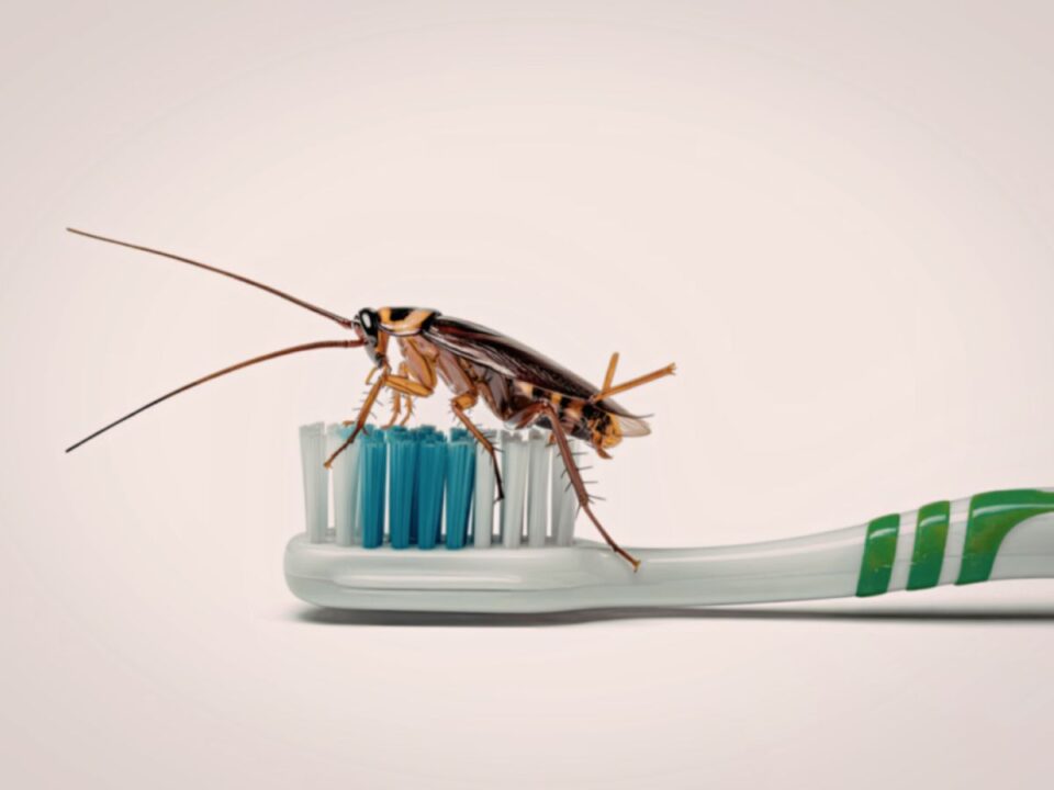 oldalnézetből csótány egy fogkefén, aminek a söreténi fehér, kék, zöld színűek