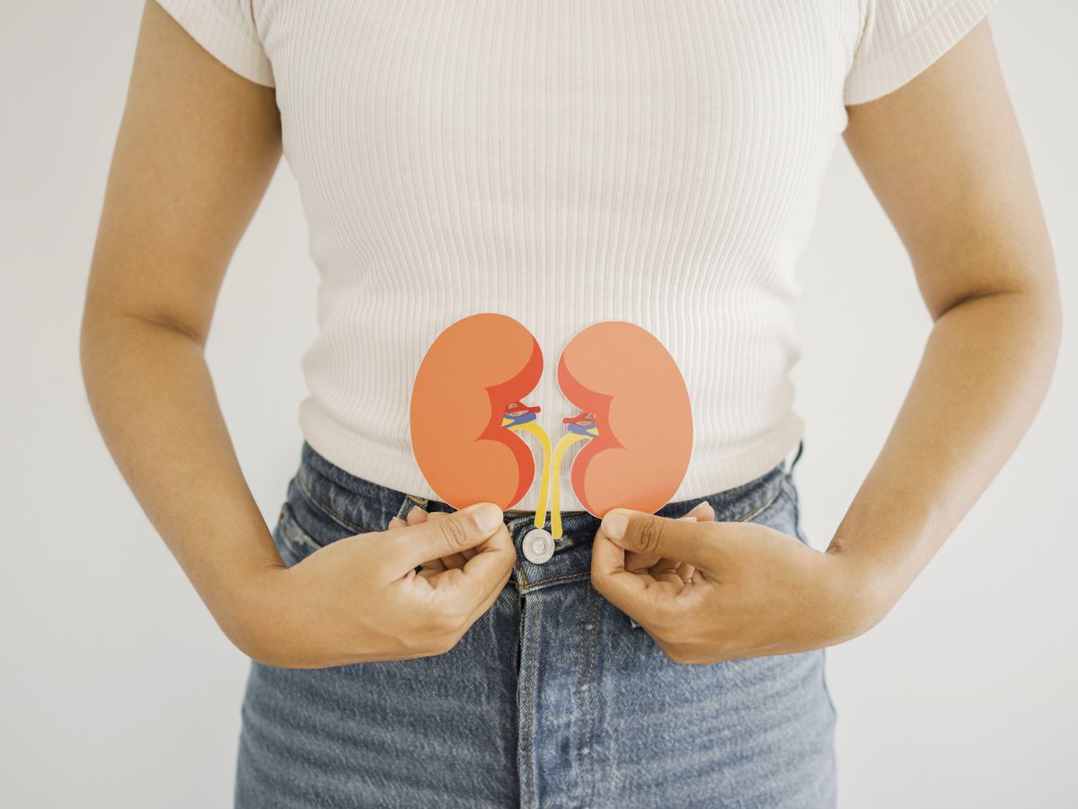 egy nő papírból kivágott veséket tart a kezében