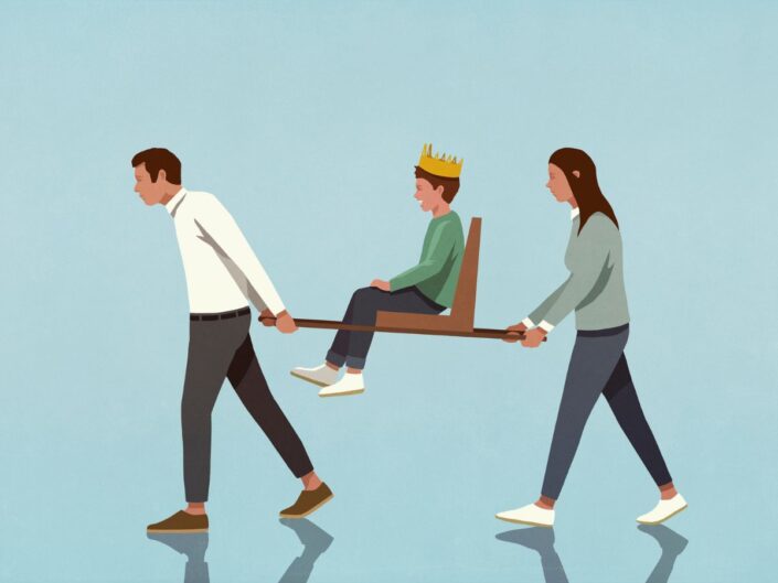 rajz szülők koronát viselő gyereket cipelnek