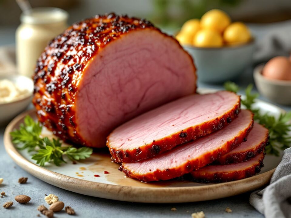 Fényes, mázas sült sonka vastag szeletekre vágva egy tányéron, háttérben húsvéti tojások és konyhai kellékek, meleg, otthonos hangulatban.