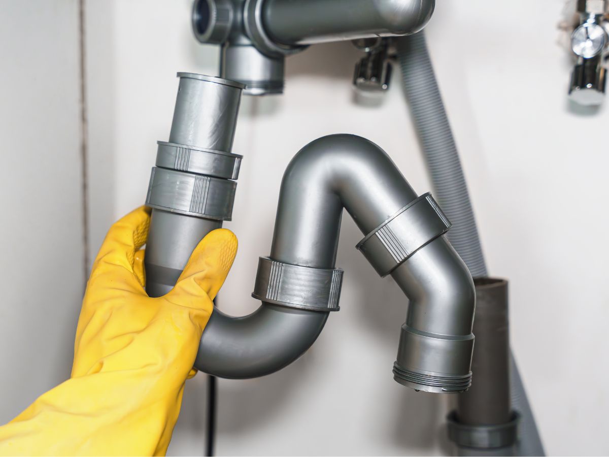 sárga gumikesztyűs kész, leszerelt U-alakú mosogató szifont fog