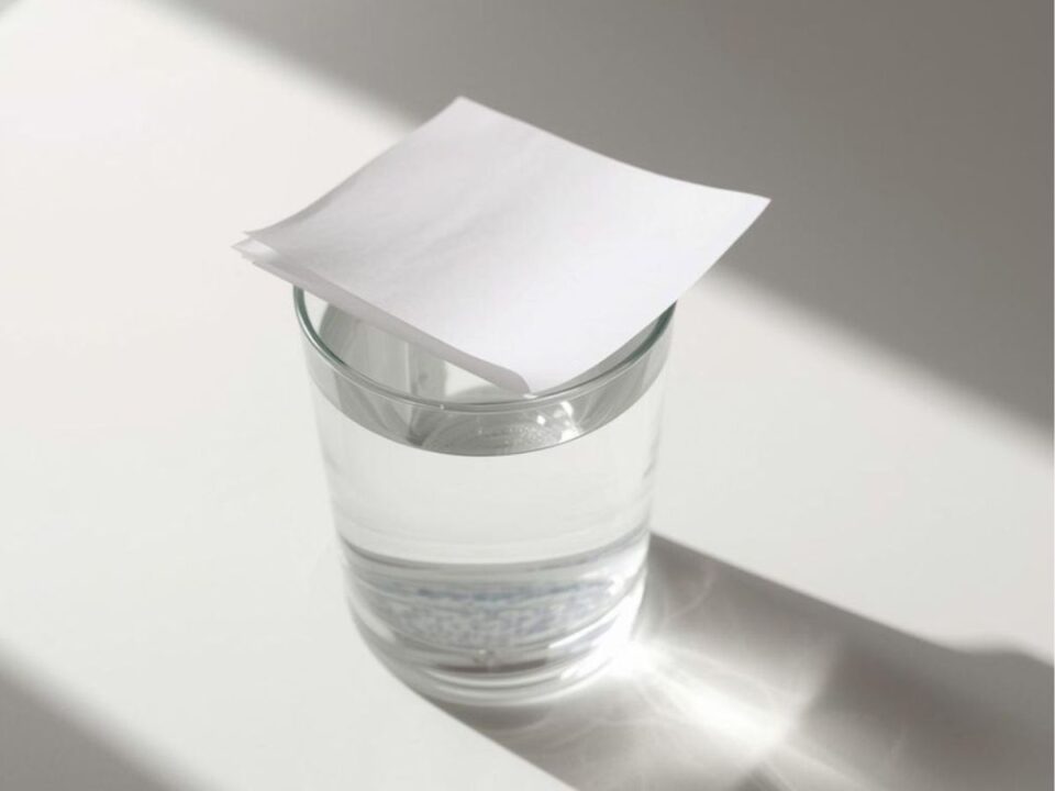 egy pohár tele vízzel és a tetején egy papírral