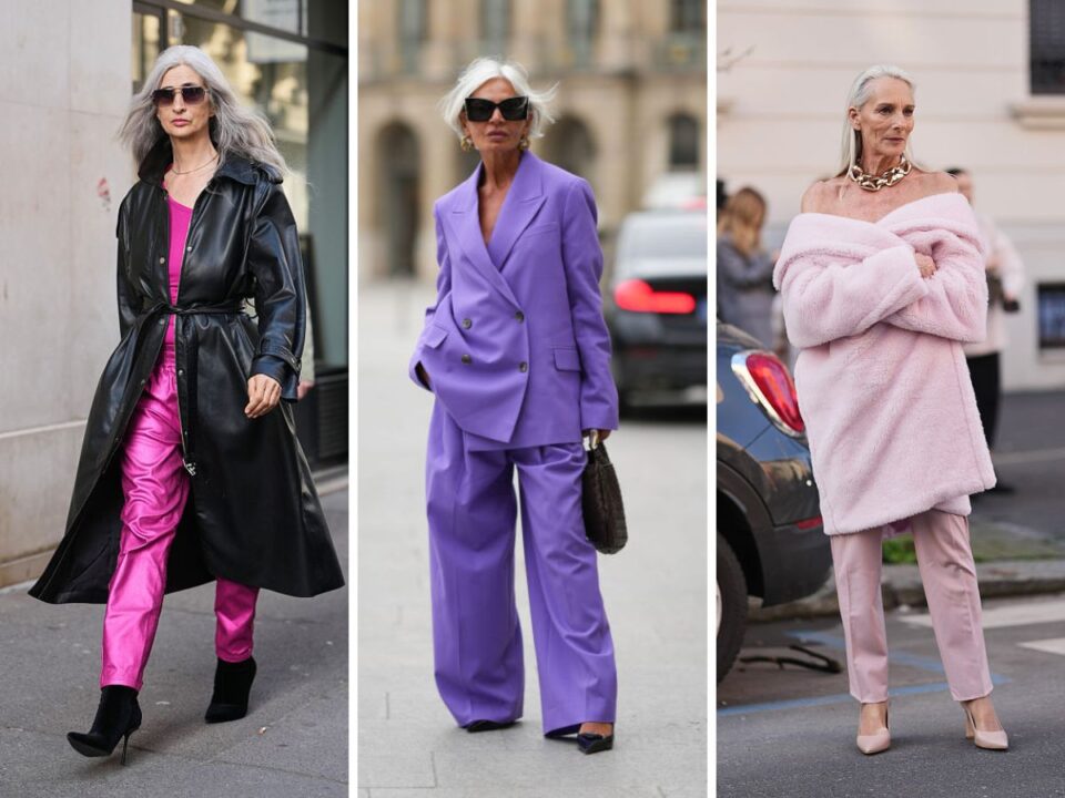 középkorú, ősz hajú nők lila, rózsaszín és pink ruhákban