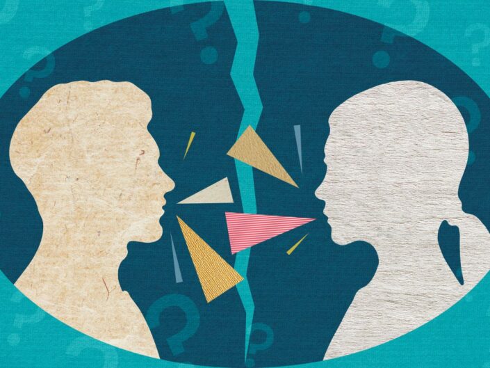 férfi női fej grafikája kettéhasított halmazban