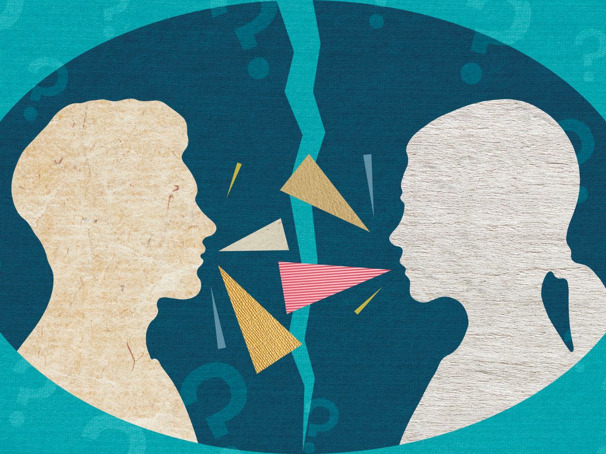 férfi női fej grafikája kettéhasított halmazban