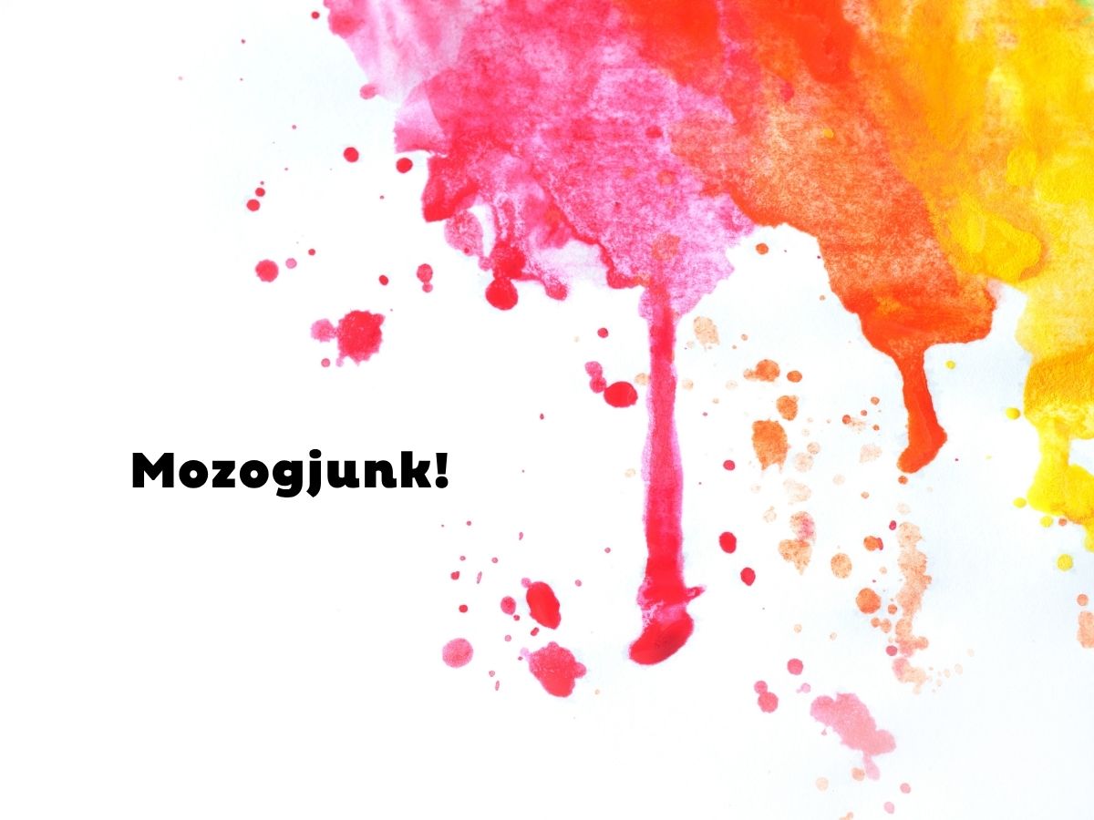 Rózsaszín, piros, sárga festékfolyás a kép jobb felső sarkában, fehér háttéren