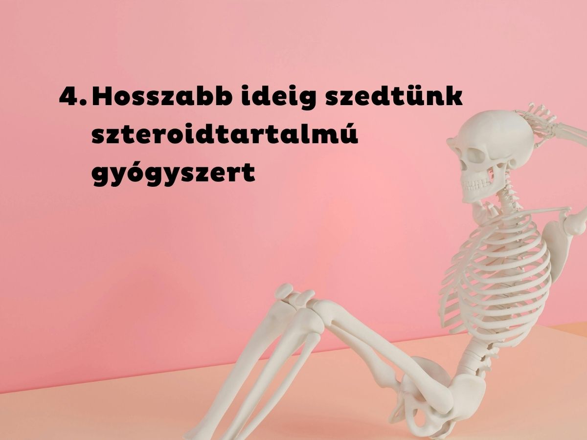 Rózsaszín háttér, jobb sarokban fehér csontváz