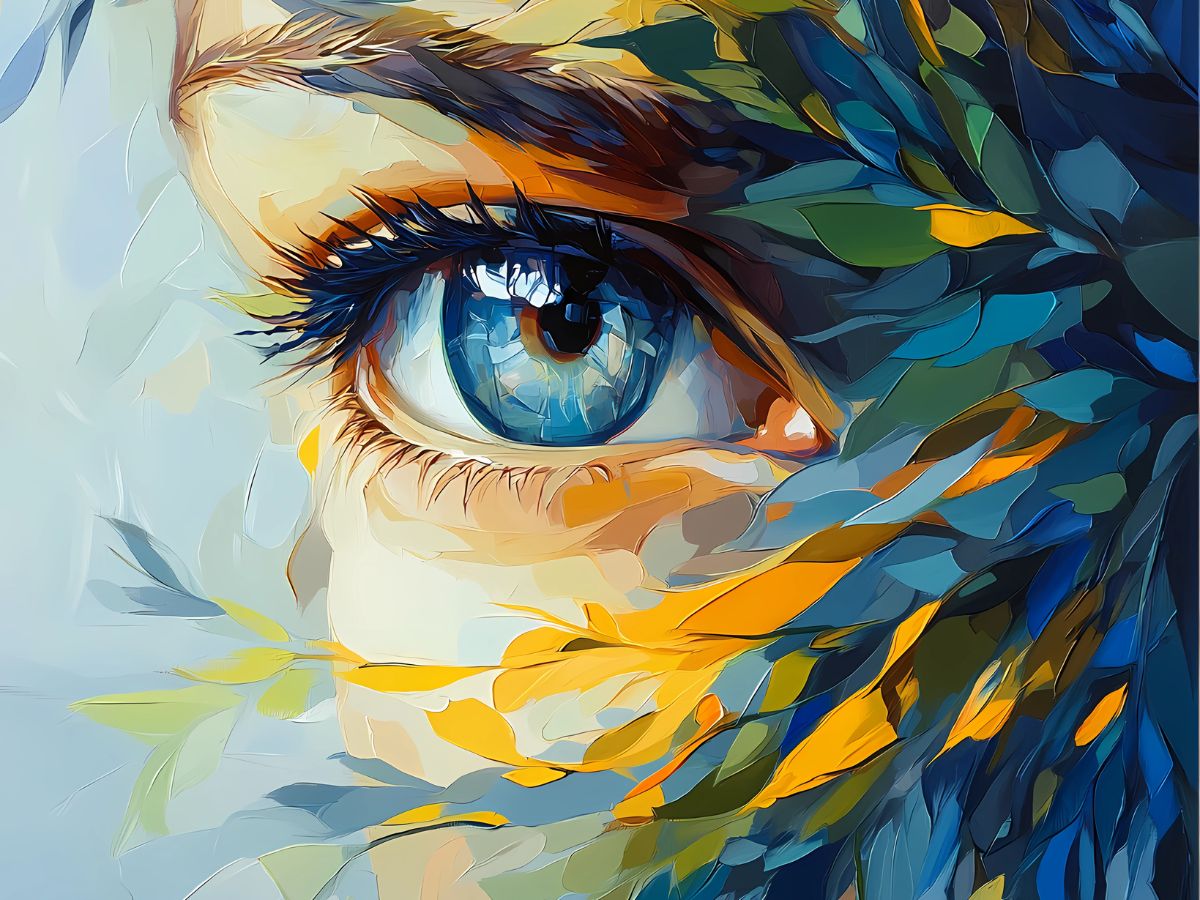 Festményen női szem közelről, körülötte növényi levelet formázó ecsetvonások kék és sárga árnyalatokkal
