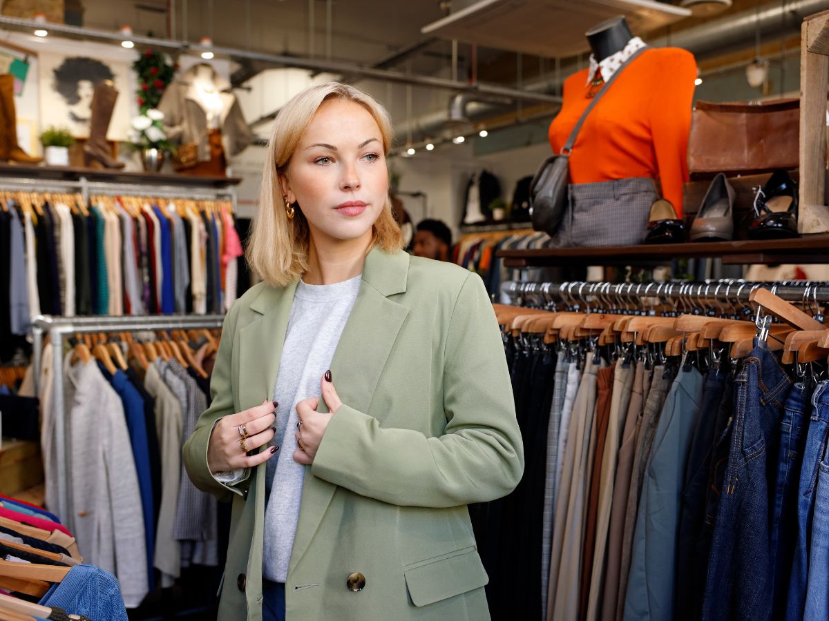 SZőke, fiatal, szép nő zöld blézert próbál fel használtruha-boltban