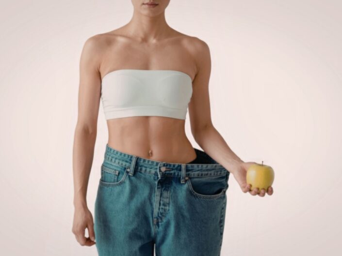 vékony nő kezében almával nagyobb méretű nadrágban áll