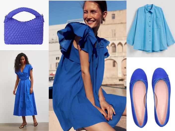 Élénk kék színű ruhák és kiegészítők