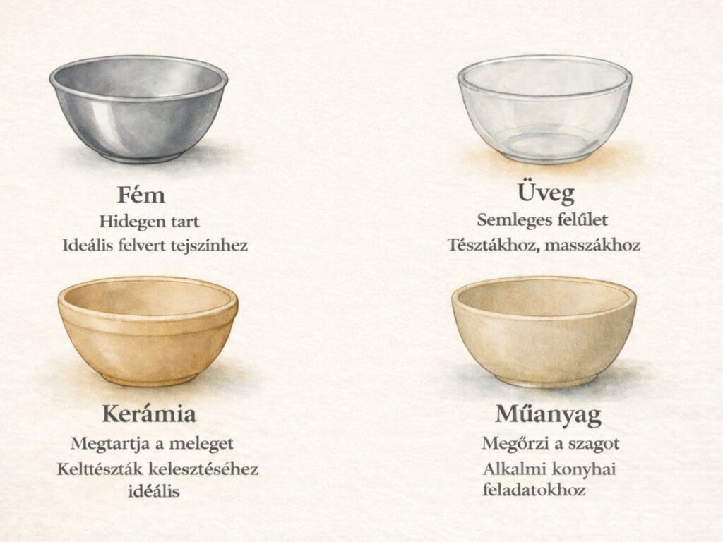 keverotal-anyag-sutemenysutes - Nők Lapja Számítógépes grafika négy különböző anyagú keverőtálról, alatta írva, melyik mire jó