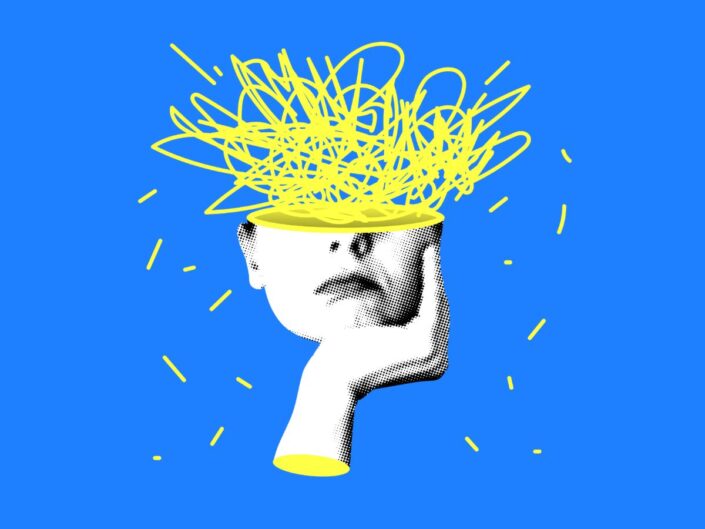Számítógépes grafika, illusztráció agyműködéshez, kék háttér, fekete-fehér pixeles női fej félig, a fej tetején, az agy helyén sárga gubancos vonal