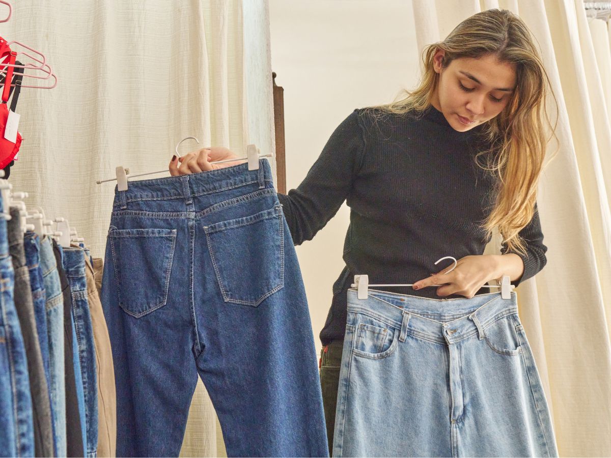 Szőke nő farmernadrág méretét nézi, mindkét kezében vállfán egy-egy farmer