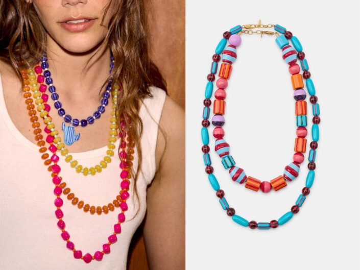 Nagy színes rétegzett nyakláncok, modellen és egy önmagában