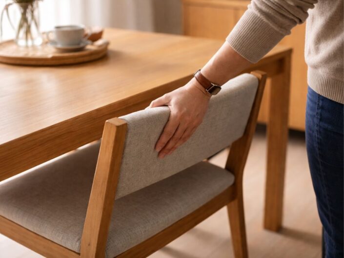 egy nő visszaigazítja maga után a széket