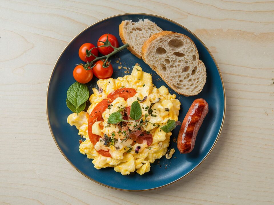 tokeletes-rantotta-tipp - Nők Lapja Kék tányéron krémes rántotta friss paradicsommal, zöld fűszerekkel és pirított kolbásszal, mellette szeletelt kenyér és koktélparadicsom – étvágygerjesztő, színes reggeli tálalás.