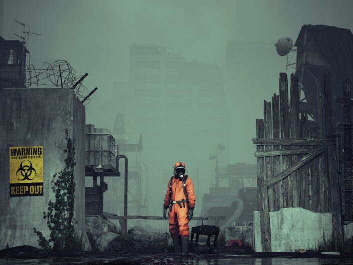 Apokaliptikus kép nukleáris robbanás után, középen sugárzásálló kezelsábasban egy emberi alak