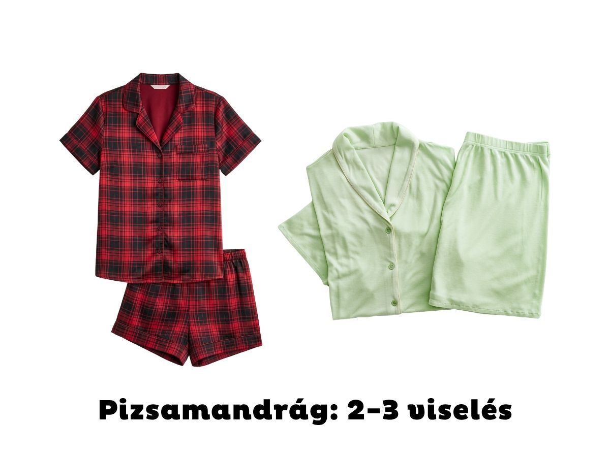 Piros-fekete skótkockás és zöld pizsamaszett fehér háttéren