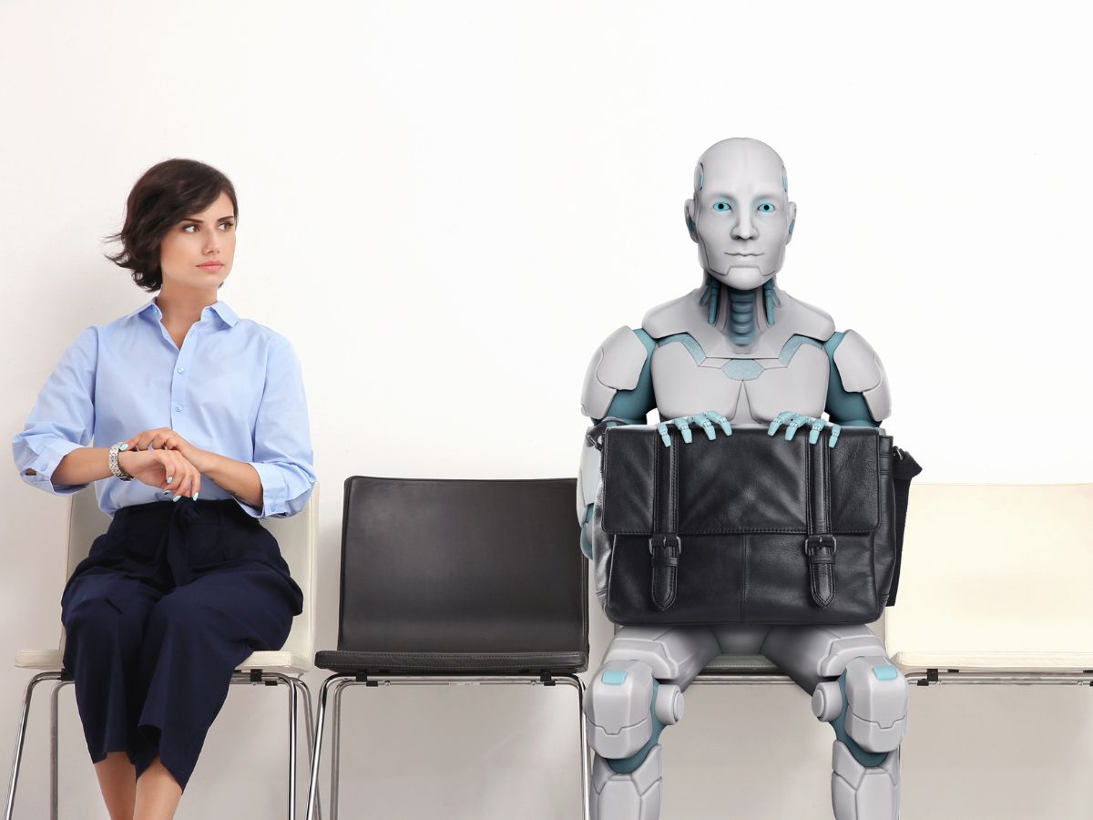 csinos nő ül a váróban fekete szoknyába két székkel mellette egy aktatáskás férfi robot ül