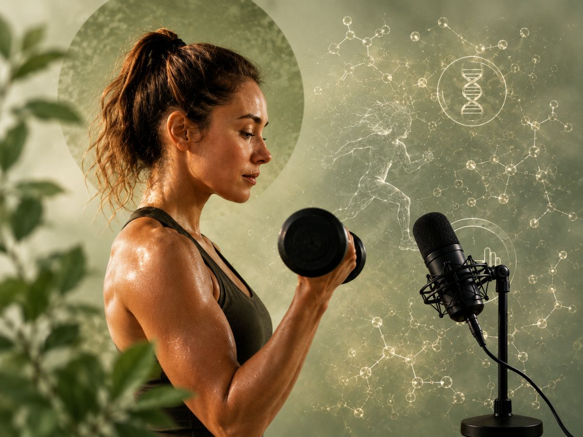 AI generált képen izmos karú nő egy súlyzóval, előtte egy mikrofon, mert ez egy podcasthez készült kép