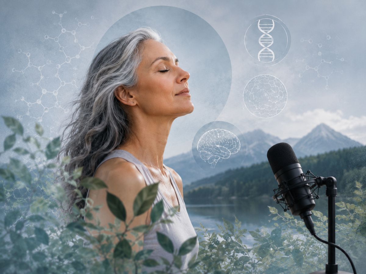 AI generált képen csukott szemű, ősz hajú, idősebb nő, előtte egy mikrofon, a longevity titka