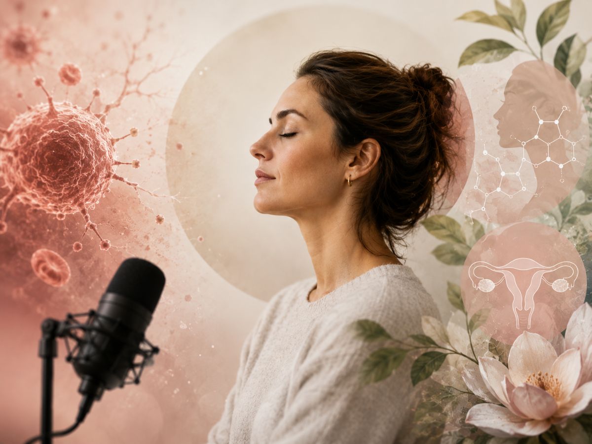 AI generált képen egy copfos nő csukott szemmel, körülötte egészség tematikájú grafikák, podcast stressz hasi zsír nők