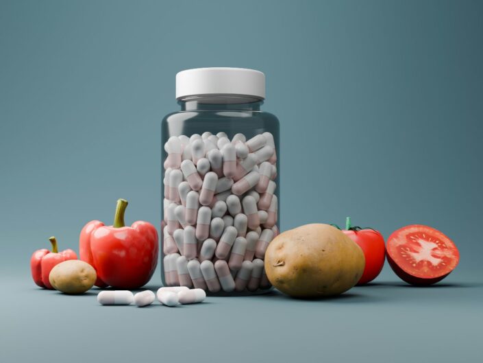 Szürkéskék háttér tiszta fotó rostban gazdag zöldségekről, paradicsom, burgonya, paprika, és egy üvegben probiotikum kapszulák