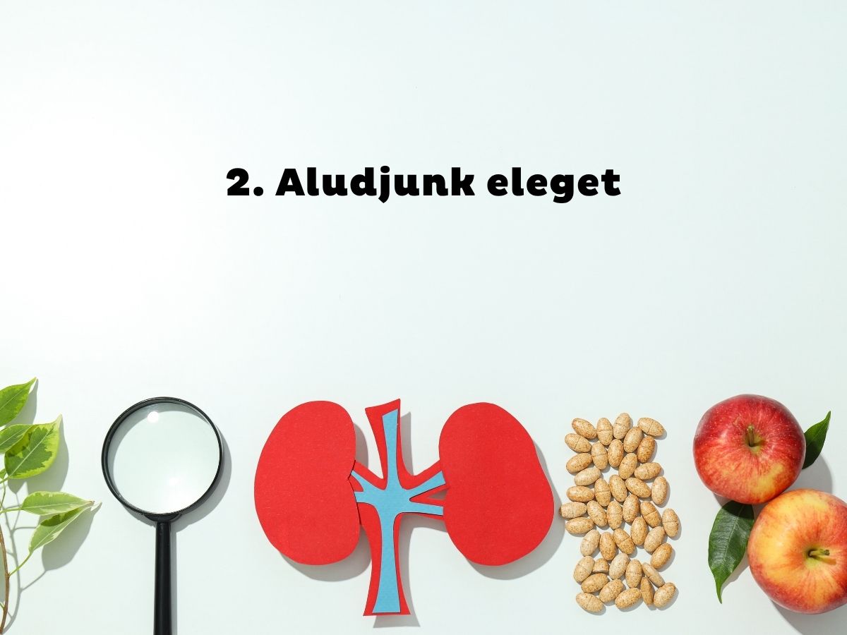 Világoskék háttér, papírból kivágott egészséggel kapcsolatos tárgyak, nagyító, vesék, kortizolhormon, alma