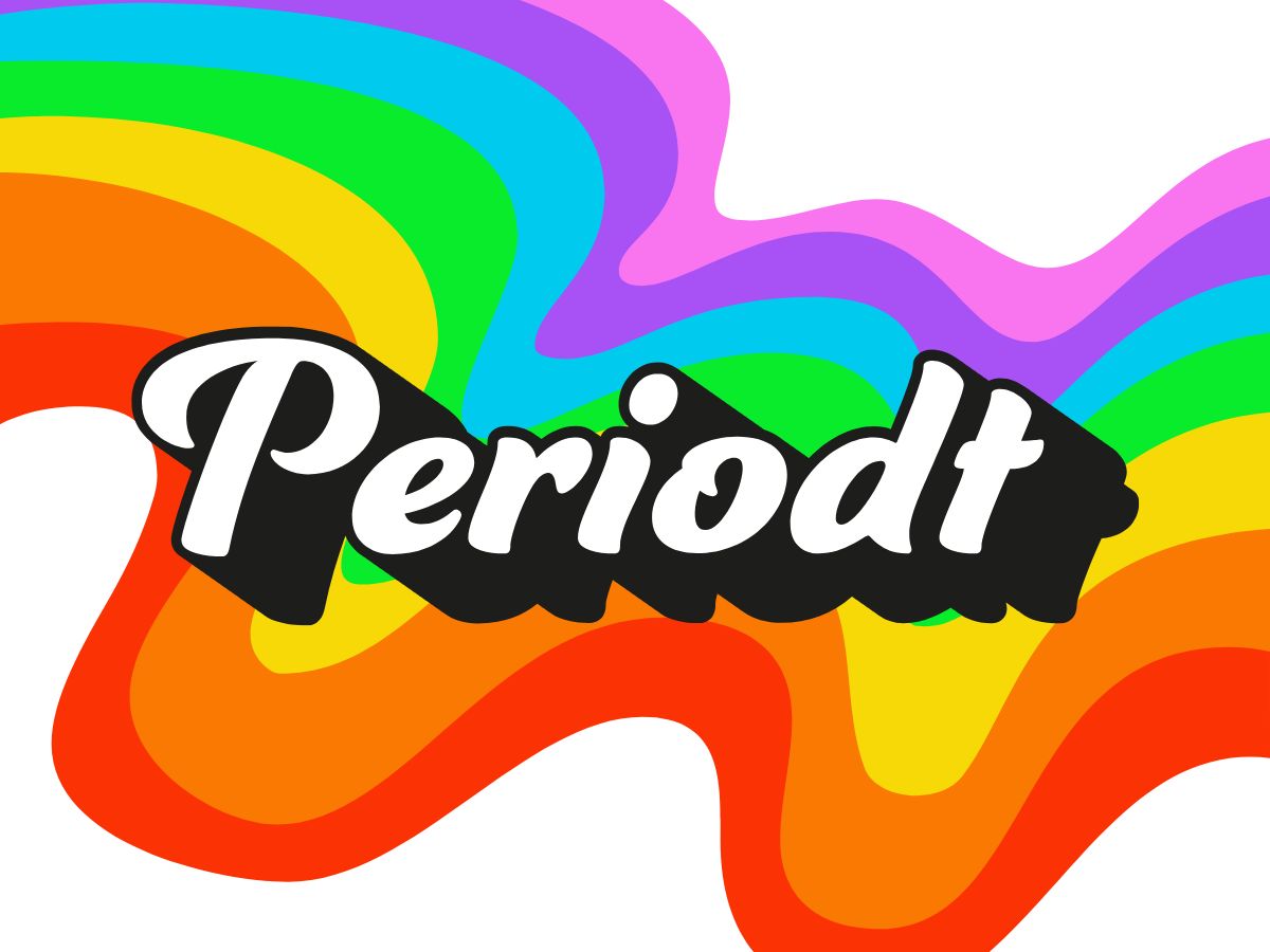 periodt szó a héáttérben 70-es évek grafikai stílusában egy szivárvány tekered