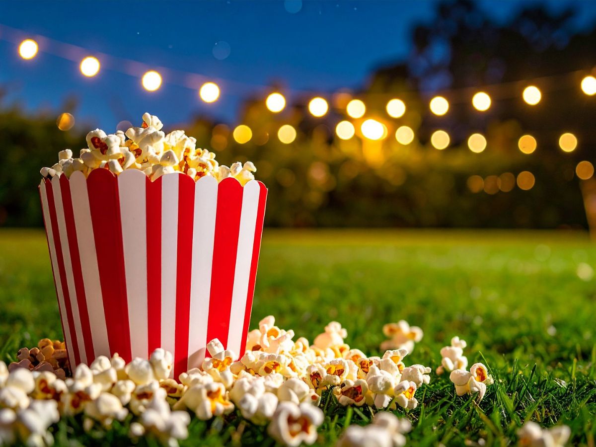 füvön egy zacskó popcorn háttérben kerti fényekkel