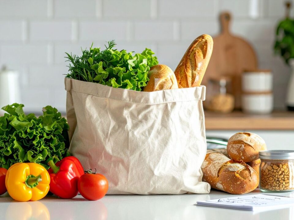 Vászontáskából friss saláta, fűszernövények és bagettek kandikálnak ki egy világos konyhapulton, mellette paprikák, paradicsom, zsemlék és egy magvakkal teli üveg látható.