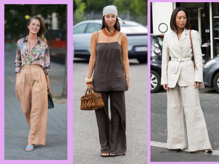 Három street style képen lenvászont viselő nők