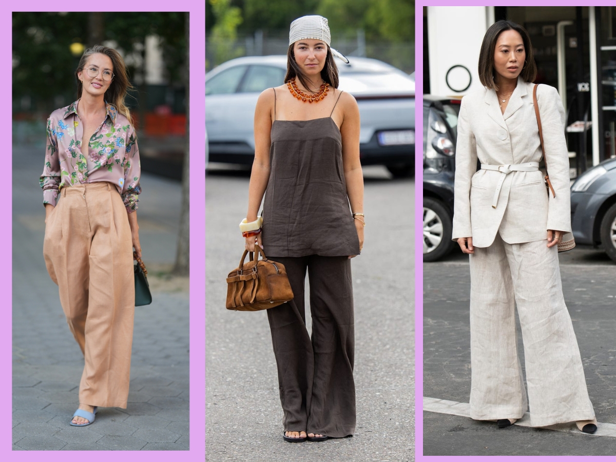 Három street style képen lenvászont viselő nők