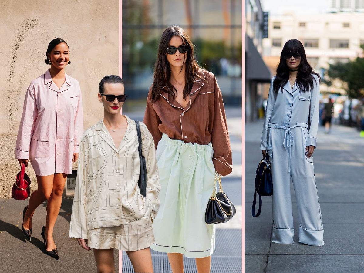 Street style képeken nők akik pizsama felsővel kombinált ruhát viseltek